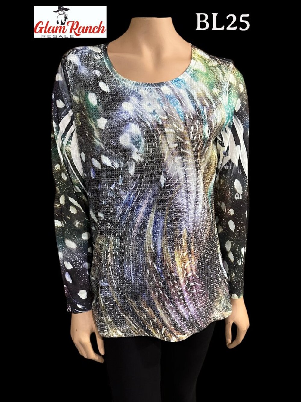 NWT Chico's Feather Spots Glimmer Sequin Tuliana Long Sleeve Blouse SZ 1/Med
